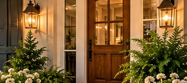 Welcoming front entry with botanical arrangements