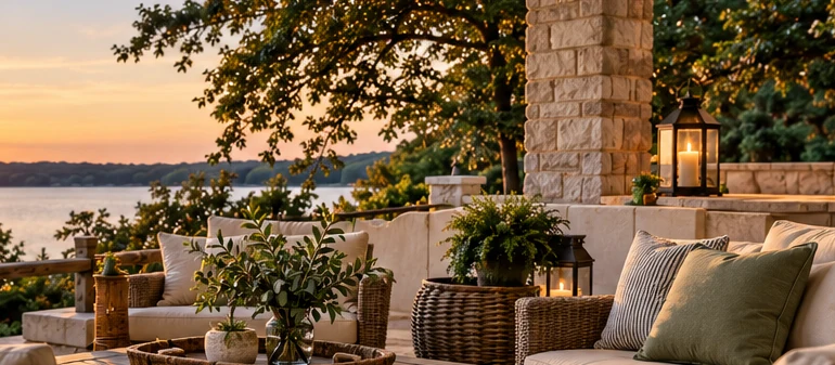 Illustrative lakeside outdoor living area with warm sunset light and natural greenery